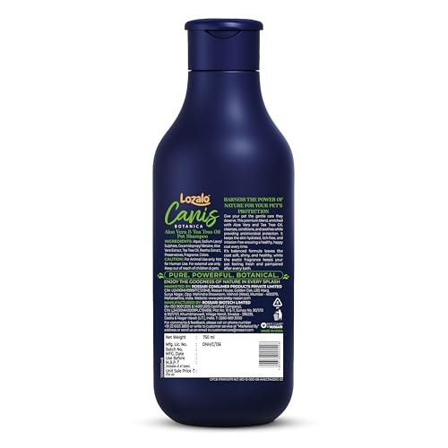 Image of Lozalo Canis Botanica Pet Shampoo 750ml | Goodness of Aloe Vera & Tea Tree Oil Dog & Cat Shampoo | Soothes & Moisturizes Coat, pH Balanced, Paraben & Silicone Free, Conditioning Shampoo for All Breeds