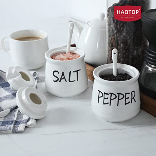 Haotop Salt And Pepper Bowls With Lid And Spoon -12 Oz Ceramic Salt And Pepper Cellar Set, Salt And Pepper Containers, Spice Box For Counter, Farmhouse Kitchen Decor, White #TOP6