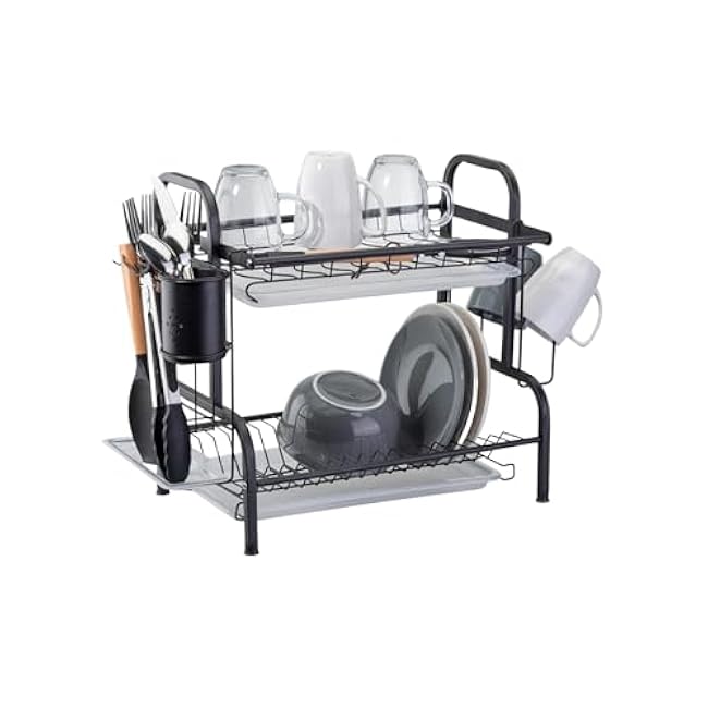 Farenheit 2-Tier Dish Rack for Kitchen Counter ¨C Side Sink Large Black Dish Drying Rack with Utensil Holder, Sink Caddy & Cutting Board Organizer ¨C Durable Stainless Steel Dish Strainer
