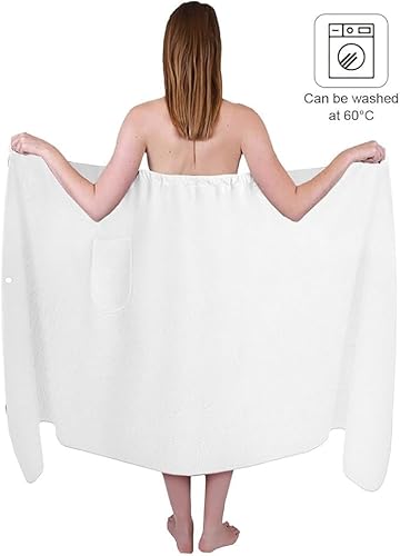 Aomig Saunakilt Damen Sauna Zubehör Saunahandtuch 80*140Cm mit Knopffrottee Saunarock Elastische Taschen Saunakleid Damen Grösse Anpassen Saunatuch Hamamtuch Saunakilt Tragbar Badetuch Frauen (Weiß)