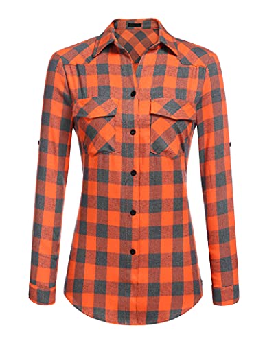 Beyove Chemise à carreaux en flanelle pour femme à manches longues et retroussables avec poches, taille S à XXL, A-orange., XX-Large Cover