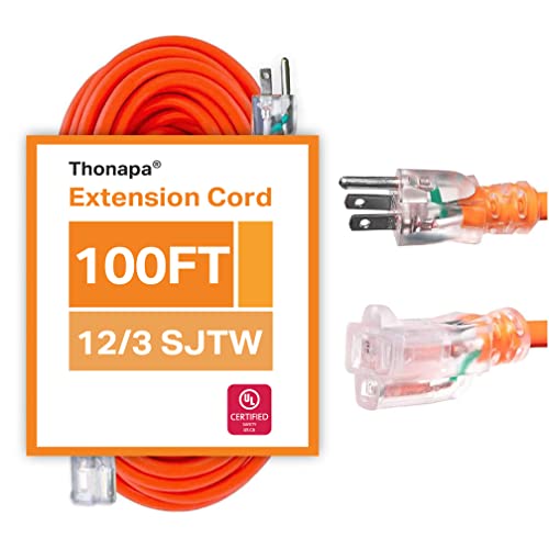 Thonapa 12 Gauge Extension Cord 100 ft, SJTW 12/3 Weatherproof 100ft Heavy Duty Extension Cord 3 Prong, 15 AMP Long Outdoor Electrical Cable, Orange for Major Appliances - US Veteran Owned Brand