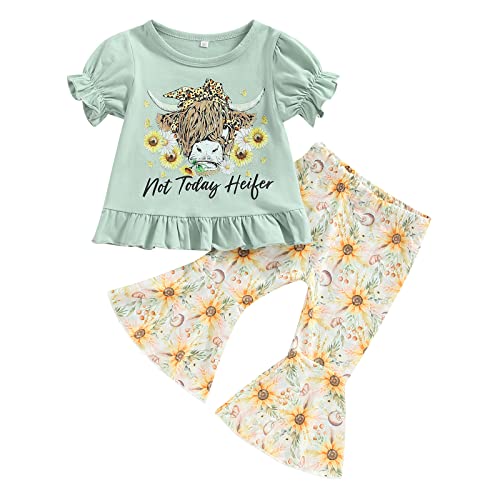 Image of wdehow Toddler Baby Girl Clothes Set Short Sleeve Tassel T-Shirt Top Bottom Sunflower Flare Pants 2pcs Spring Summer Outfits