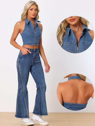Allegra K Denim Halter Top for Women's Zipper Up Collared Sleeveless Jean Corset Crop Tank Tops2