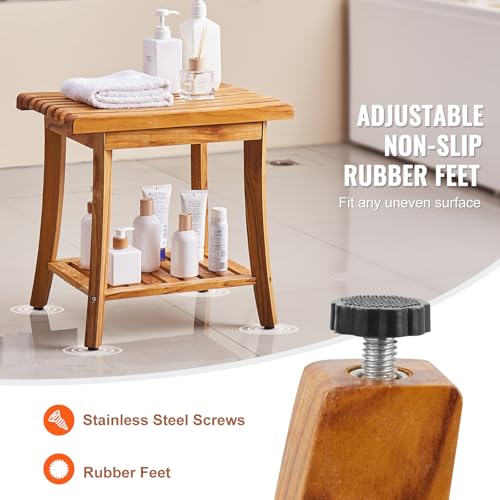 VEVOR Duschbank aus Teakholz, 50,8 x 36,6 x 45,6 cm, wasserdichter Duschhocker aus Holz mit Ablagefläche und rutschfesten Fußpolstern, maximale Tragkraft 180 kg