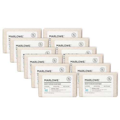 Image of MARLOWE. Body Scrub Soap, Exfoliating Soap Bar, Sage + Fir, 7 oz (12 Bars) | Scrub Soap Bar that deeply cleanses and exfoliates while buffing away rough, dry skin. Original Sage + Fir scent.