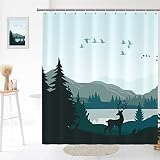 Seorsok Deer Forest Shower Curtain Set, Mountain Landscape Shower Curtain,Waterproof Fabric Shower C