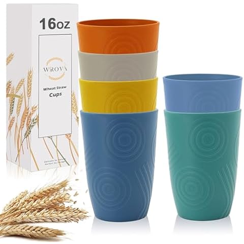 Wrova Wheat Straw Cups 16oz set of 6 with Etched Pattern - Alternative Plastic Cups Dishwasher Safe - Plastic Drinking Cups Unbreakable for Kids - Colorful Series Cover
