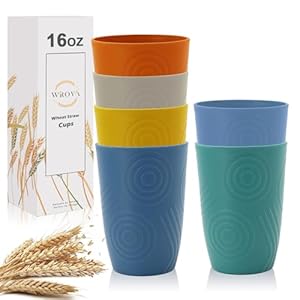 Wheat Straw Cups 16oz set of 6 with Etched Pattern – Alternative Plastic Cups Dishwasher Safe – Plastic Drinking Cups Unbreakable for Kids – Colorful Series