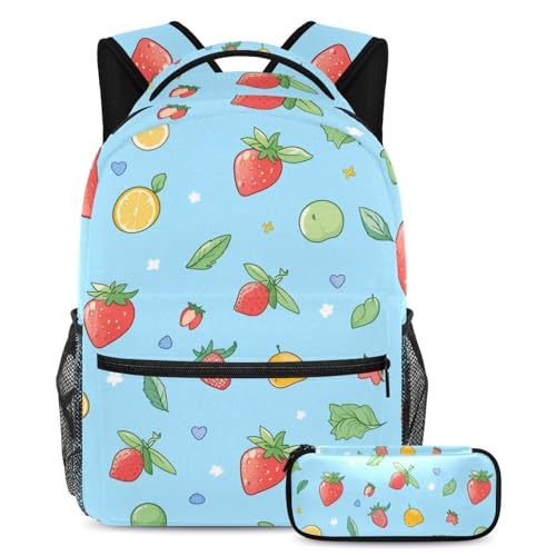 Sac à dos bleu fruits pour l'école et le collège, ensemble 3 pièces avec trousse et cartable