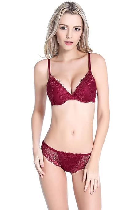 Women's Black Lace Bra and Panty Set, Floral Embroidered Lingerie with Underwire-image-26