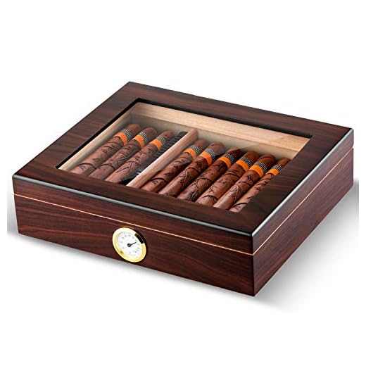 Cigar Humidor Handmade Wood Cigar Box Desktop Humidor with Hygrometer and Humidifier,Cedar Divider Royale Glasstop Holds 20-25 Cigars