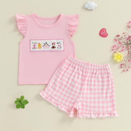 Toddler Baby Girl Farm Outfit Country Animal Flying Sleeve Tank Top Girls Plaid Shorts Set 2Pcs Kids Summer Clothes4