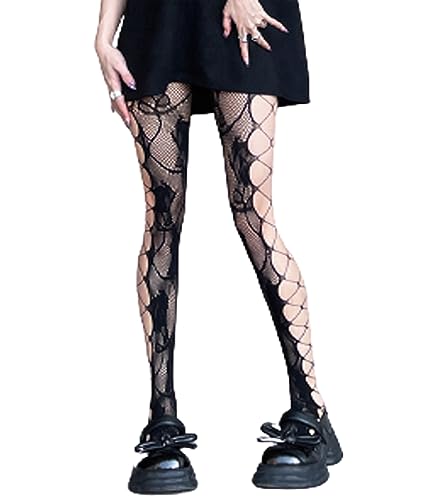 Image of Womens's Goth Fishnet Tights Side Hollow Out Rose Patterned Leave Crossed Sheer Mesh Pantyhose Stocking Leggings