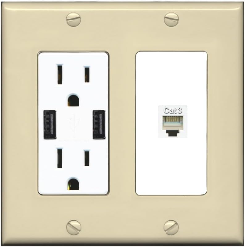 RiteAV Phone Wall Plate - 1 Port RJ11-RJ12 Telephone Jack Cover Faceplate - USB Outlet [Red/White]