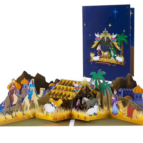 Magic Ants 3D Pop-Up Weihnachtskarte, Krippenszene mit Heiligen Familie, Hirten, Weise Männer, Tiere, Sternenhimmel, Religiöse Weihnachtskarte, Festlicher Gruß für Familie und Freunde