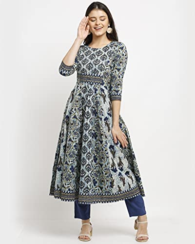 Image of Rajnandini Women's Blue Pure Cambric Cotton Floral Printed Kurta Set With Dupatta (S To 6XL- Size)(JOPLVL218-P)