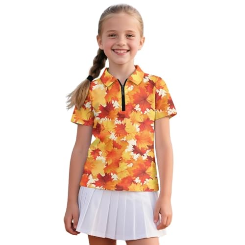 Girls Short Sleeve Shirts Printed Zipper UP Golf Tennis T-Shirts with Collared Quick Dry Athletic Shirts for 5-12Y