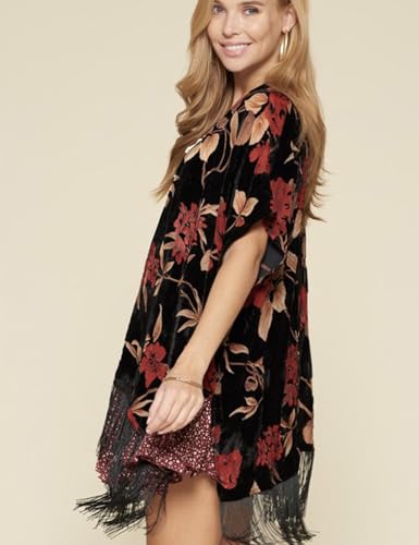 Image of MJ SERECA Women's Burnout Velvet Kimono Cardigan Cover Up with Tassel
