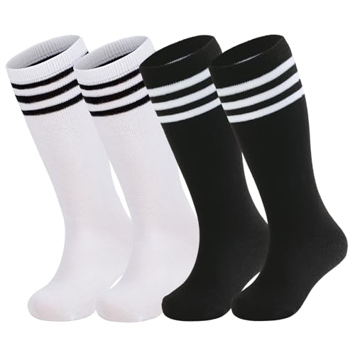 Lista de Calcetines hasta la rodilla para Niño los 5 mejores. 43 American Trends - Calcetines de fútbol para niños pequeños, uniformes a rayas hasta la rodilla, tubo alto, calcetines largos de béisbol para niños y niñas, Paquete de 4 Negro...