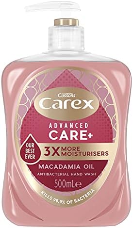 Carex Advanced Care Macadamia Oil Antibacterial Hand Wash Pack of 6, Hand Soap with 3 times more moisturisers*. Antibacterial soap with an indulgent fragrance, 500ml. Packaging may vary.