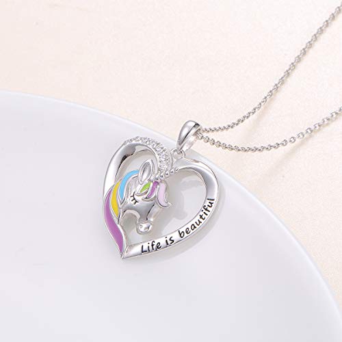 Flyow 925 Sterling Silver Engraved Life Is Beautiful Rainbow Unicorn In Heart Necklace, Rolo Chain 18" #TOP3