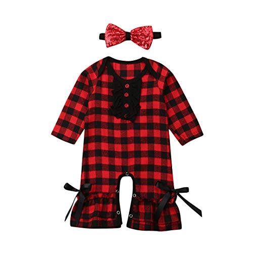 Mistshopy Newborn Baby Boys Girls Santa Reindeer Patch Printed Jumpsuit Long Sleeve Christmas Romper Fall Clothes (12-18M, Red Plaid)