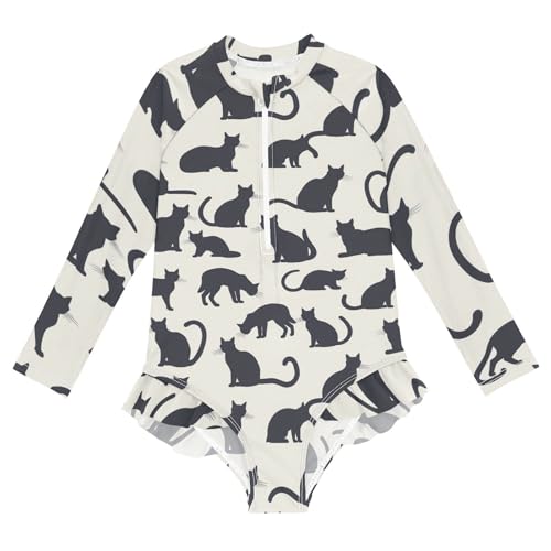 Girls One Piece Swimsuits Long Sleeve Swimsuit Zipper Bathing Suits Cute Cat Black