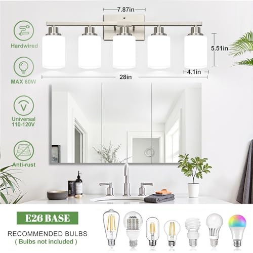 Image of MOKATNG 5-Light Vanity Light with Milky White Shades, Brushed Nickle Bathroom Lighting Fixtures Over Mirror, Modern Bathroom Wall Lamp for Mirror Living Room Cabinet Bedroom