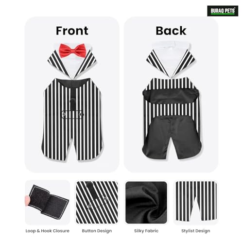 Image of Buraq Dog Tuxedo Dress Suit Bandana Set, Bow tie, Wedding Party Suit, for Small Medium Large, Male and Female Dogs Golden Retriever, Labrador, shitzu, Pug (Black Strip Line, M)