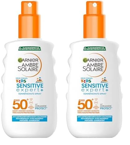 Garnier Sonnencreme LSF 50+ für Kinder, Wasserfest und resistent gegen Sand, Ambre Solaire Kids Sensitive expert+ Sonnenschutzspray, 1 x 150 ml (Packung mit 2)