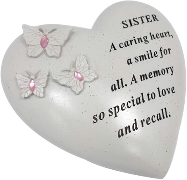 Personalised Grave Ornament/Memorial Plaque with Heart With 3 butterflies & Blue Gems | Graveside Decoration Gift in the Loving Memory of your Loving Deceased Ones (Sister)