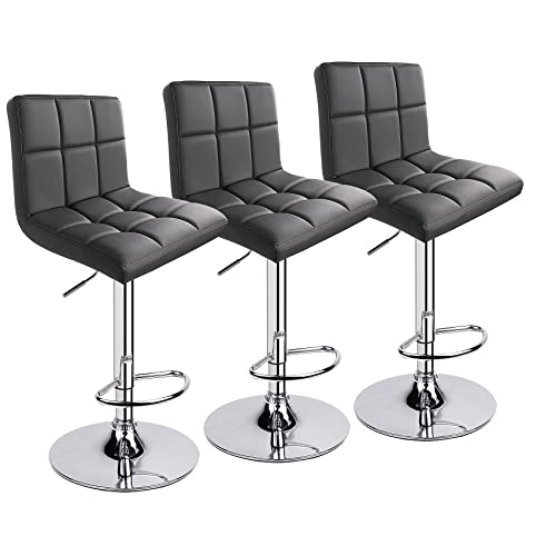Leopard Bar Stools, Modern Pu Leather Adjustable Swivel Classic Bar Stool With Back, Set Of 3 (Grey) #TOP19