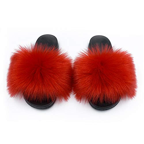 Image of Women's Faux Fur Slides Slippers Fluffy Fuzzy Sandals Open Toe Furry Slide Flip Flop Indoor Outdoor