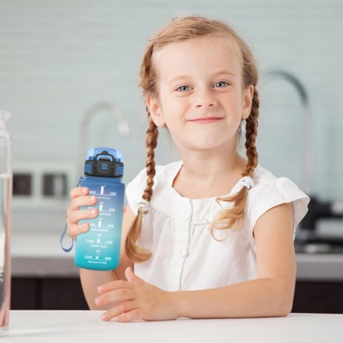 Trinkflasche 500ml, Wasserflasche mit Strohhalm, Auslaufsicher, Einhandöffnung, Kohlensäure Geeignet, Sport Trinkflasche mit Zeitmarkierung, Perfekt für Reisen, Camping, Schule, Radfahren, Büro
