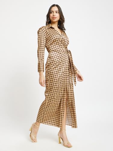 Image of FableStreet Women's Casual Shirt Collar Printed Polyester Midi Dress