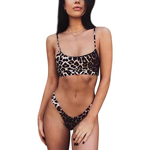 TSWRK Damen Bikini Set, Sexy Leopard Druck, Push up Gepolstert, Zweiteiliger Bandeau Badeanzug Bademode, Größe M