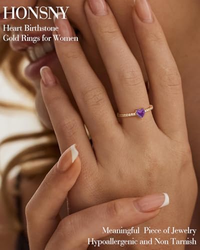 Honsny Heart Birthstone Gold Rings for Women Non Tarnish 14K Gold Plated Stackable CZ Gemstone Amethyst Ring Dainty Engagement Promise Rings for Her Waterproof Jewelry Birthday Gifts Size 7 — view 2