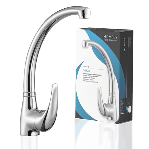 HOMSSY Grifo de Cocina Monomando Vertical para Fregadero, Grifo de Cocina Clásico, Acabado en Cromo y Latón, Diseño Elegante
