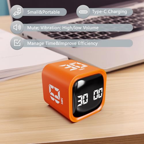 Image of GuDoQi Multi-Function Cube Timer, 5 /10 /30 /60 Min & Custom Count Down, Included Pause & Resume Feature, Silent, Vibrate & Adjustable Sound Alarm for Productivity in Tasks, Study & Kitchen, Orange