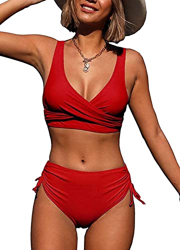 ASKSA Bikini para mujer con espalda cruzada y cordón, moda de playa, rojo, S Cover