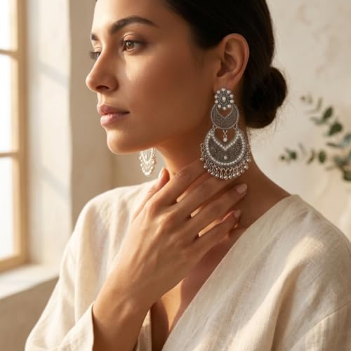 Image of Traditional Chandbali Earrings, Antique Gold and Oxidised Silver, Floral Stud, Pearl Drops, Ethnic Indian Jewellery