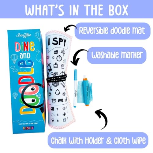 Image of Berrybee Dine & Doodle Mat | Reversible & Reusable 2-in-1 Activity Mat with Erasable Marker & Chalk | Fun Travel Toy & Gift for Kids Ages 3-6