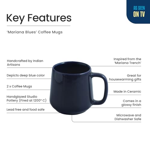 Image of ExclusiveLane 'Mariana Blues' Hand Glazed Ceramic Coffee Mug Ceramic Mugs for Milk Chai Tea Cup (Set of 2, 340 ML, in Gift Box, Microwave Safe, Dishwasher Safe)