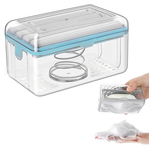 石鹸ケース ブラシ付き 泡立つ洗濯 せっけんホルダー 蓋付き 収納トレー 浴室/洗面所/キッチン 家庭用 便利グッズ ウタマロ石鹸対応 消臭 排水可能 (ブルー)