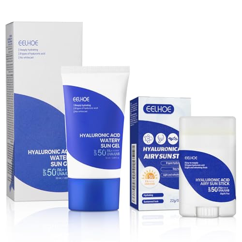 Hyaluronic Acid Watery Sun Gel, SPF/LSF 50+ Sunscreen, Hyaluronic Acid Airy Sun Stick, Sonnencreme für Gesicht mit Hyaluron, Waterproof, Nicht Fettend, Tägliche und nachträgliche