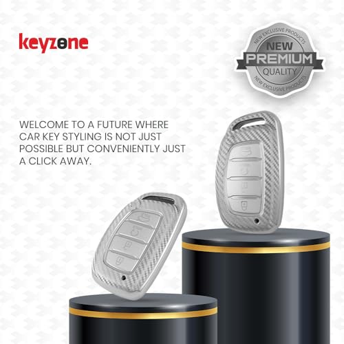 Image of keyzone Silverstar TPU Key Cover with Keychain for Hyundai Alcazar, Creta, 4 Button Smart Key (Silver)