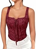Benfoly Corset Tops for Women Renaissance Fairy Floral Lace Up Bustier Top Wine M