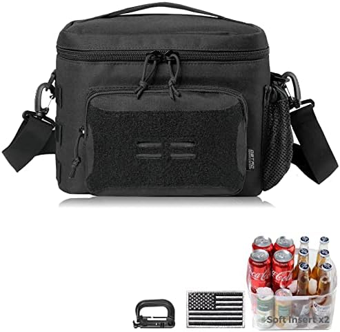 DBTAC Tactical Lunch Box, Large Insulated Lunch Bag Fits 12-Cans w/Water Bottle Pocket | Leakproof Lunch Cooler Tote for EDC Work Travel | Soft & Collapsible Easy-Clean Liner x2, Black