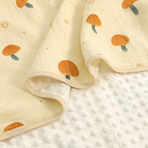 Image of Baby Blanket for Unisex Boys Girls Toddler, Soft Minky with Double Layer Dotted Backing and Muslin Cotton Front, 39 X 43 in (Mushroom) Nursery Bed Throw Quilt